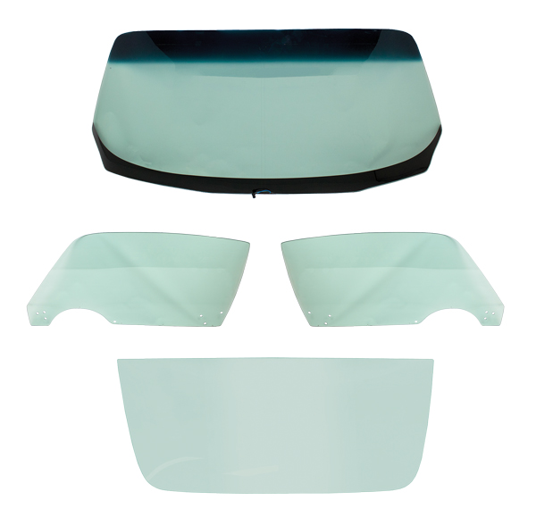 1975-81 COMPLETE GLASS KIT, GREEN TINTED W/BAND W/O REAR DEFROSTER (RE)