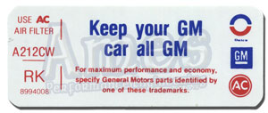 1975 KEEP YOUR GM CAR ALL GM AIR CLEANER DECAL 455 (RE)